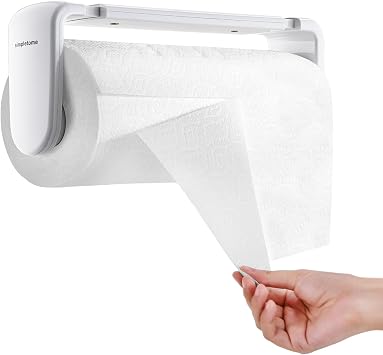 ONE Hand Tear Paper Towel Holder Under Cabinet/Wall for 9.4-11inch, White | adaptive adjustable tension arm | tear one/more sheets at one time | adhesive or drilling | abs plastic | easy to replace