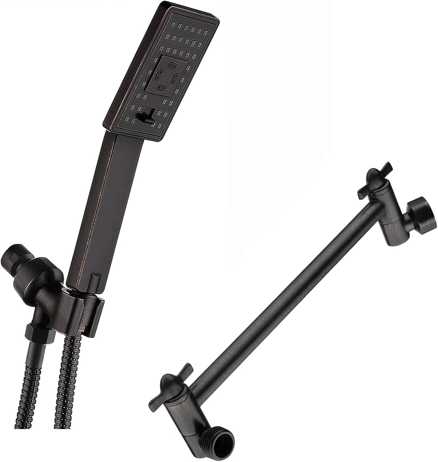 BRIGHT SHOWERS Handheld Shower Head High Pressure Bronze Shower Heads with Handheld Spray Square Shower Wand Matching 10 Inch Adjustable Shower Extenstion Arm, Oil-Rubbed Bronze