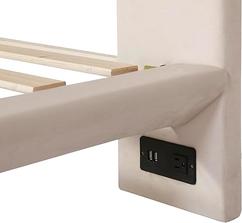 Miniatura 79 de Cama de plataforma flotante tamaño Queen con sensor de luz y cabecero, marco de cama moderno tapizado de terciopelo suave, no necesita somier