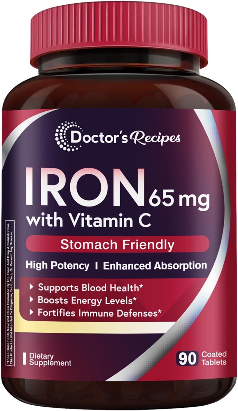 Iron Supplement 65 mg with Vitamin C - Maximized Absorption & Stomach Friendly Iron Pills for Red Blood Cells Formation, Heart, Brain & Immunity Health - Vegan Non-GMO 90 Iron Tablets