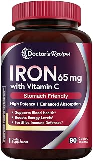 Doctor's Recipes Iron Supplement 65 mg with Vitamin C - Maximized Absorption & Stomach Friendly Iron Pills for Red Blood Cells Formation, Heart, Brain & Immunity Health - Vegan Non-GMO 90 Iron Tablets