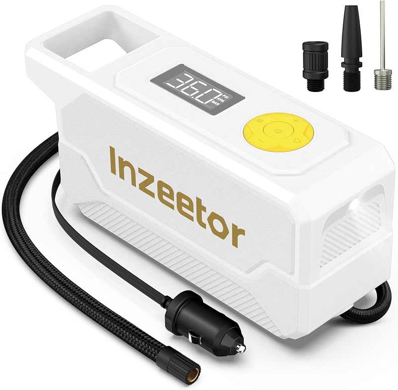 Compresor de aire portátil para inflar neumáticos de 150 PSI con presión digital, blanco | Luz LED de emergencia con bomba de aire de apagado automático de 12V CC para neumáticos, bicicletas y globos