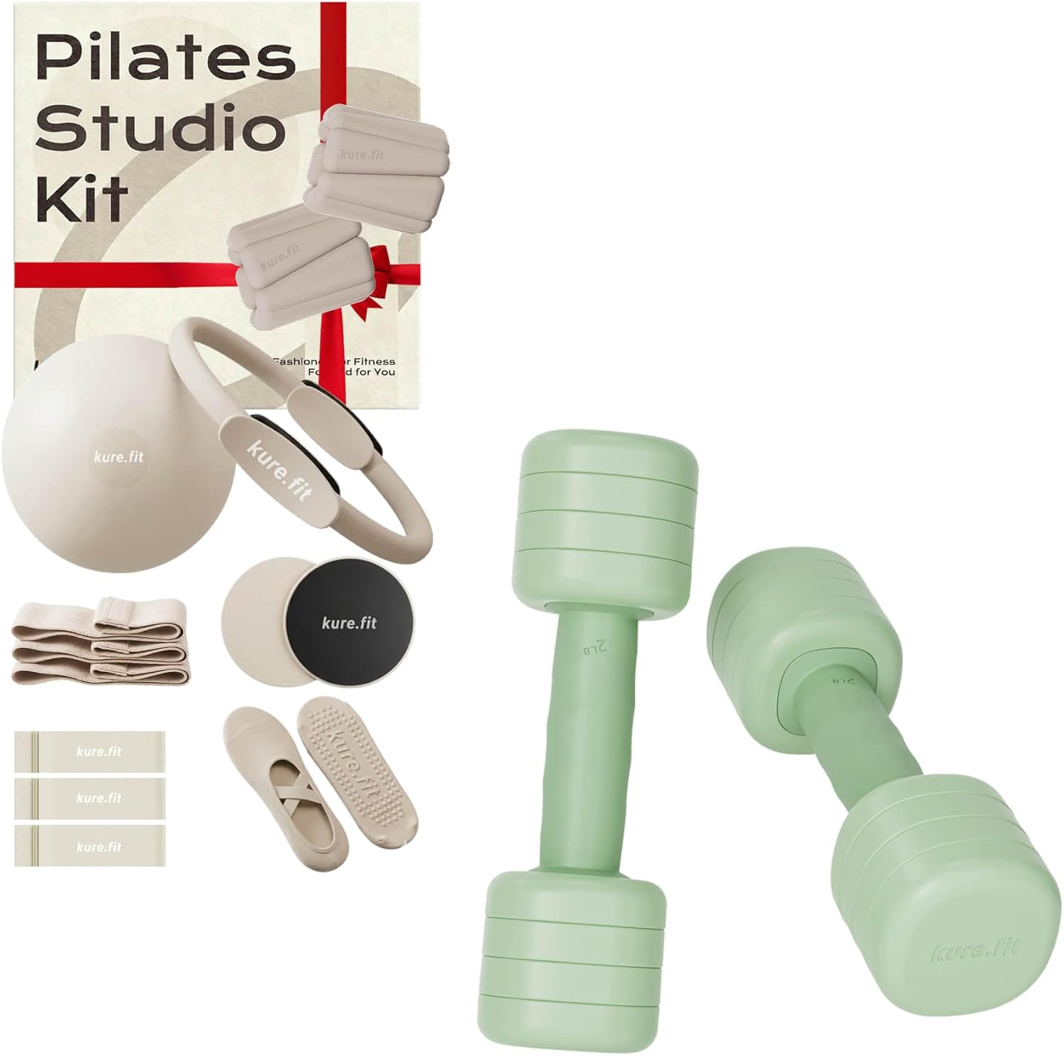 Beige Pilates Studio Kit and Sage Adjustable Dumbbell Bundle