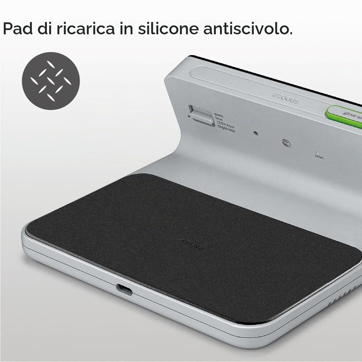 Braun Sveglia digitale display LCD VA, Base per ricarica rapida Qi Wireless 10W, Regolazione automatica della retroilluminazione, Sveglia con segnale acustico, grigio, modello BC21GEU.