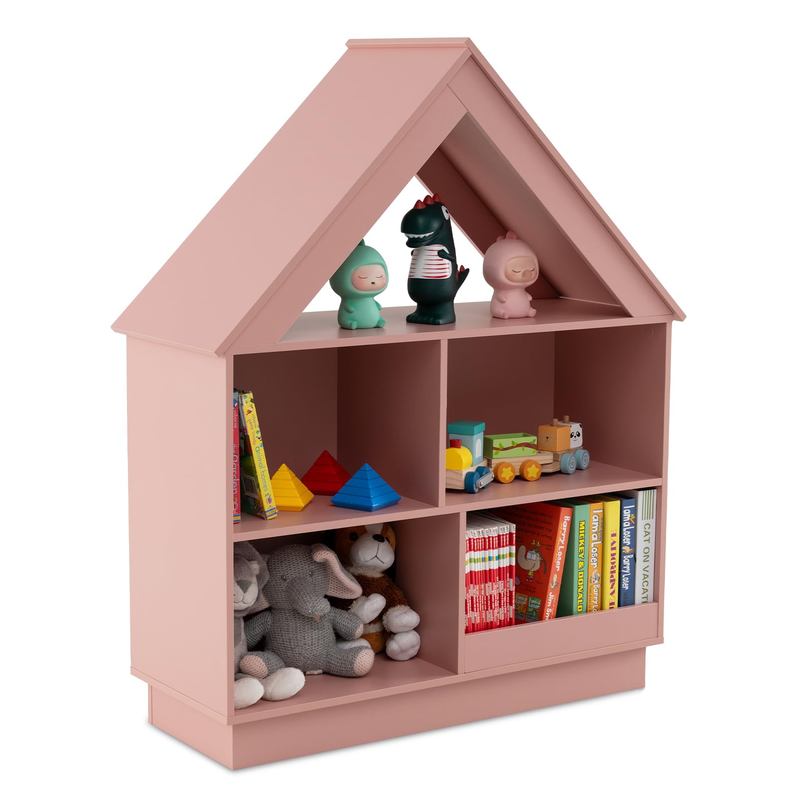 COSTWAY Kids Bookshelf, 3-Tier Children Bookcase Toy Storage Shelf with 5 Cubes, Wooden Doll House Book Shelf for Kids Rooms, Playroom, Nursery, Classroom