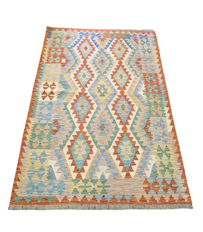 Frog Green & Multi Hand Woven Afghan Kilim Rug - 202 x 150cm