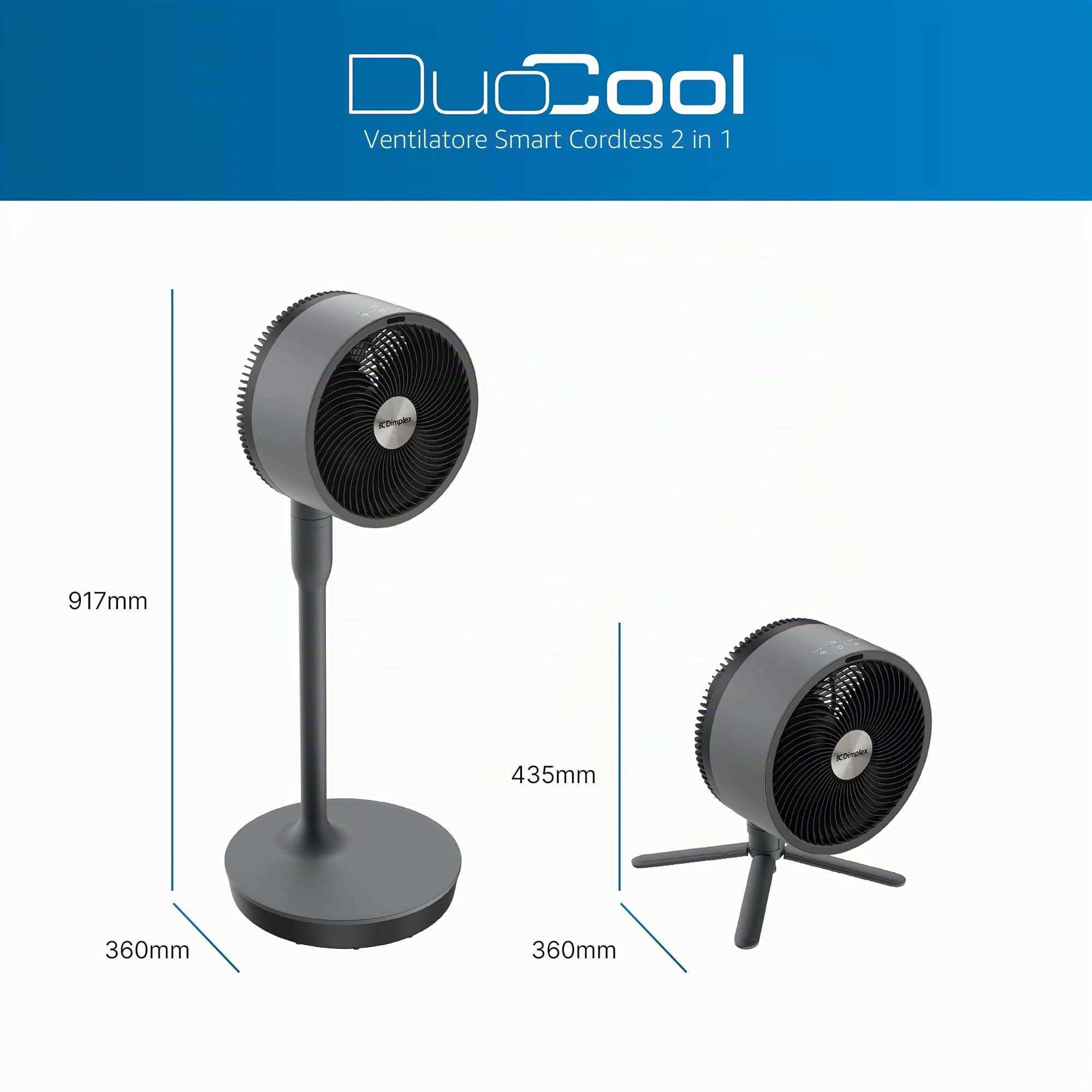 Dimplex DUOCOOL Smart Ventilatore Senza Fili 2-in-1, Ventilatore a Piantana e da Tavolo, Batteria 45h, 5 Velocità + Turbo, Portata 20m, Silenzioso (36dB), App, Google Home, Alexa, Telecomando, Nero