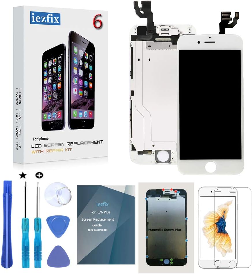for iPhone 6 Screen Replacement White LCD Screen Digitizer, Front Camera, Earpiece & Sensor Pre-Assembled, Free Repair Tools, Glass Screen Protector (6 White)