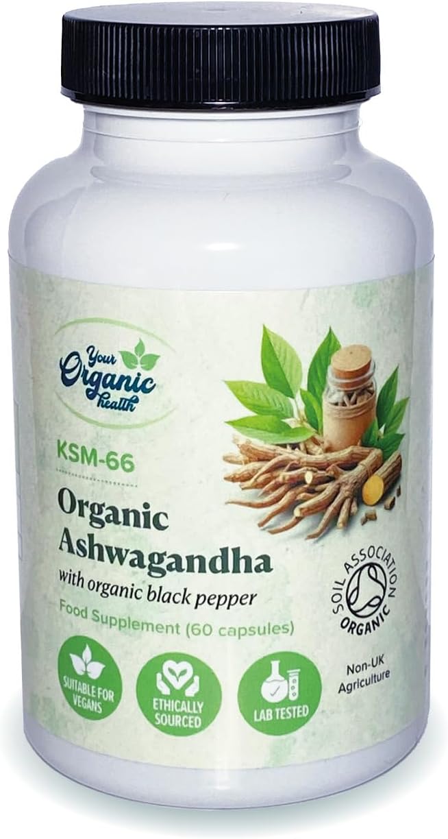 Your Organic Health – Organic Ashwagandha KSM-66-500mg – 60 Capsules: 2-Month Supply – with Black Pepper – High Strength Potent 12:1 Extract – Stress Relief Supplement – Soil Association Certified
