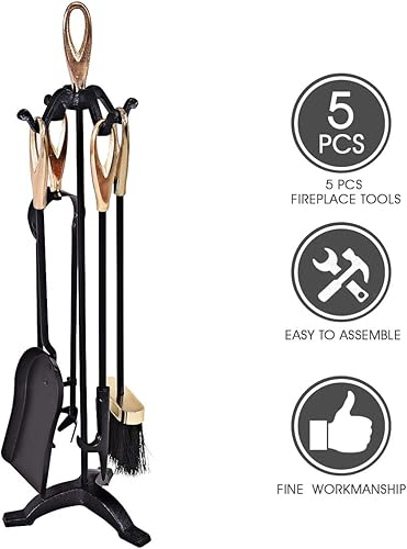 Miniatura 8 de Tangkula Juego de chimenea de 5 piezas, rústico, resistente, compacto, de hierro forjado, juego de herramientas con pedestal, herramienta de hogar,