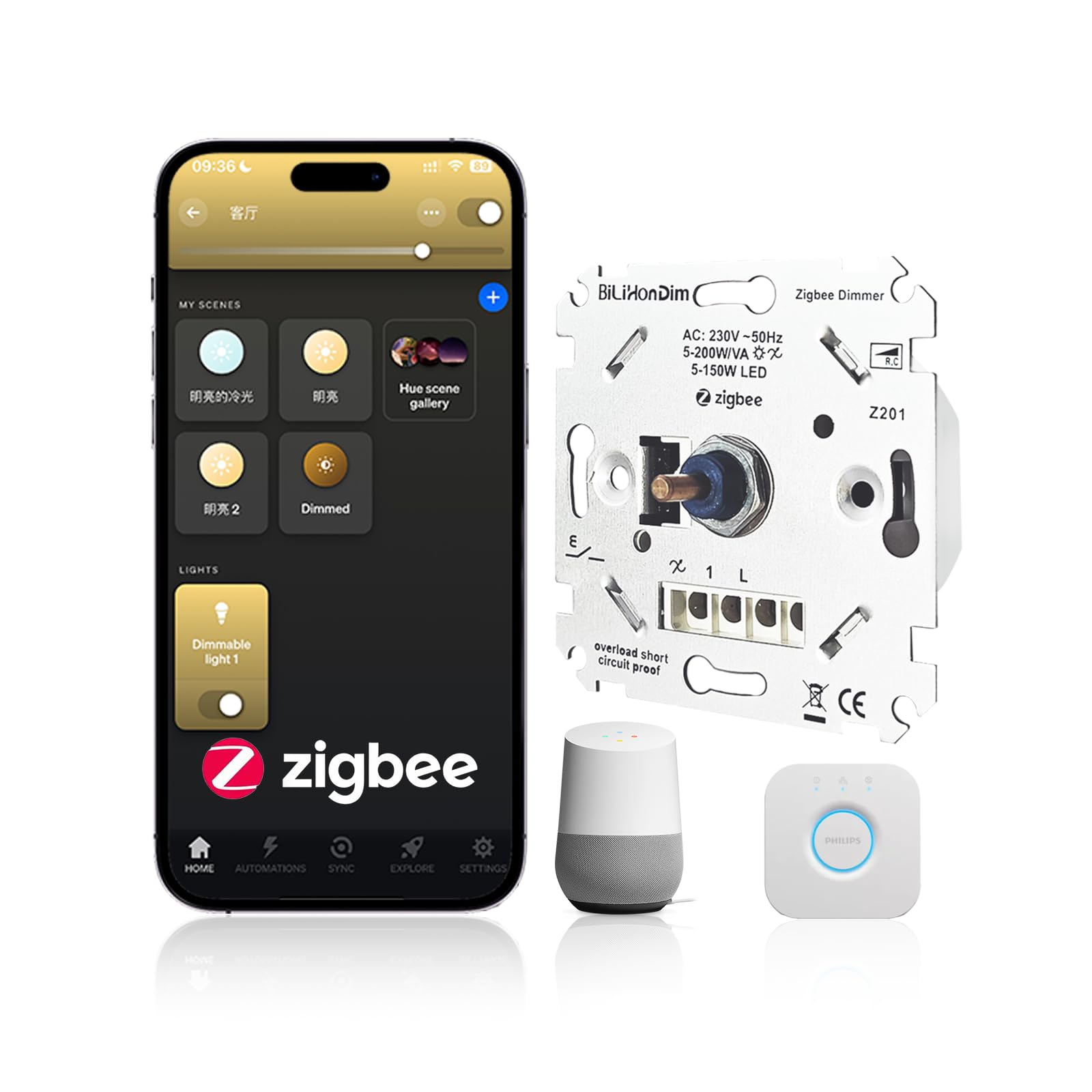 Zigbee 3.0 - Interruptor de pared con regulador de intensidad (LED, 200 W, con conector de botón, control de fase para lámparas regulables, transformadores y luces, sin conductor neutro)