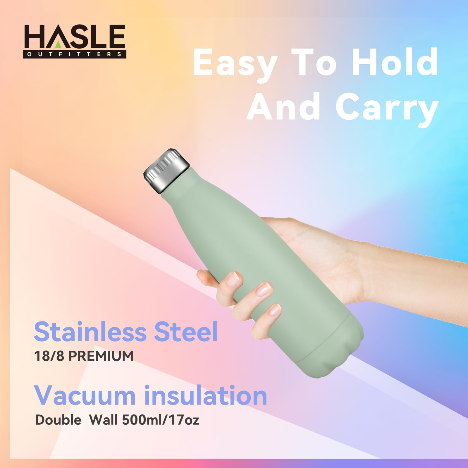 HASLE OUTFITTERS Edelstahl-Wasserflaschen, vakuumisoliert, doppelwandig, pulverbeschichtet, wiederverwendbar, Metall-Sport-Wasserflaschen, halten Getränke heiß und kalt, Hellgrün, 4 Packungen
