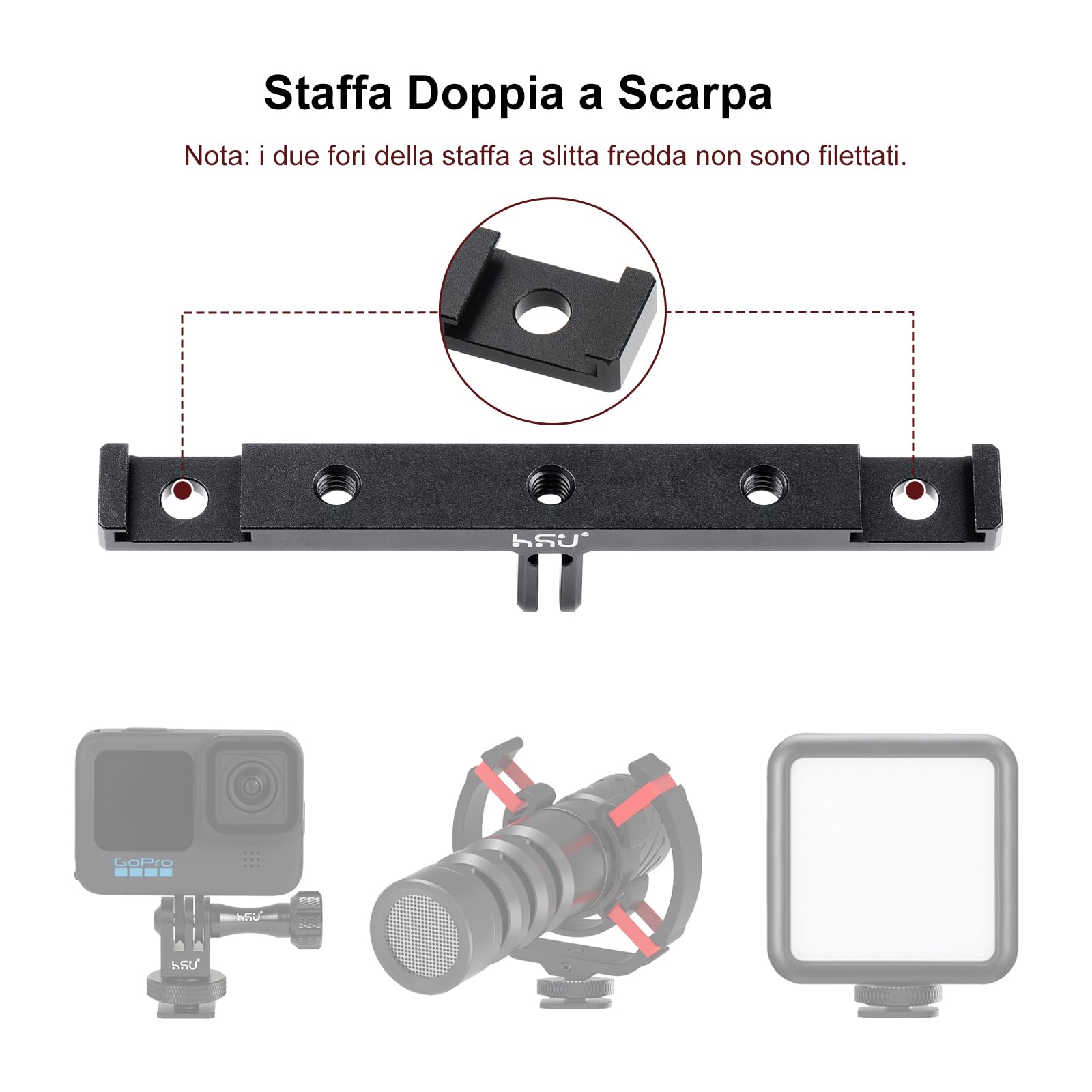 HSU Doppio Supporto In Alluminio Per GoPro Con Media Mod - Adattatore A Slitta Fredda Con Attacco 1/4