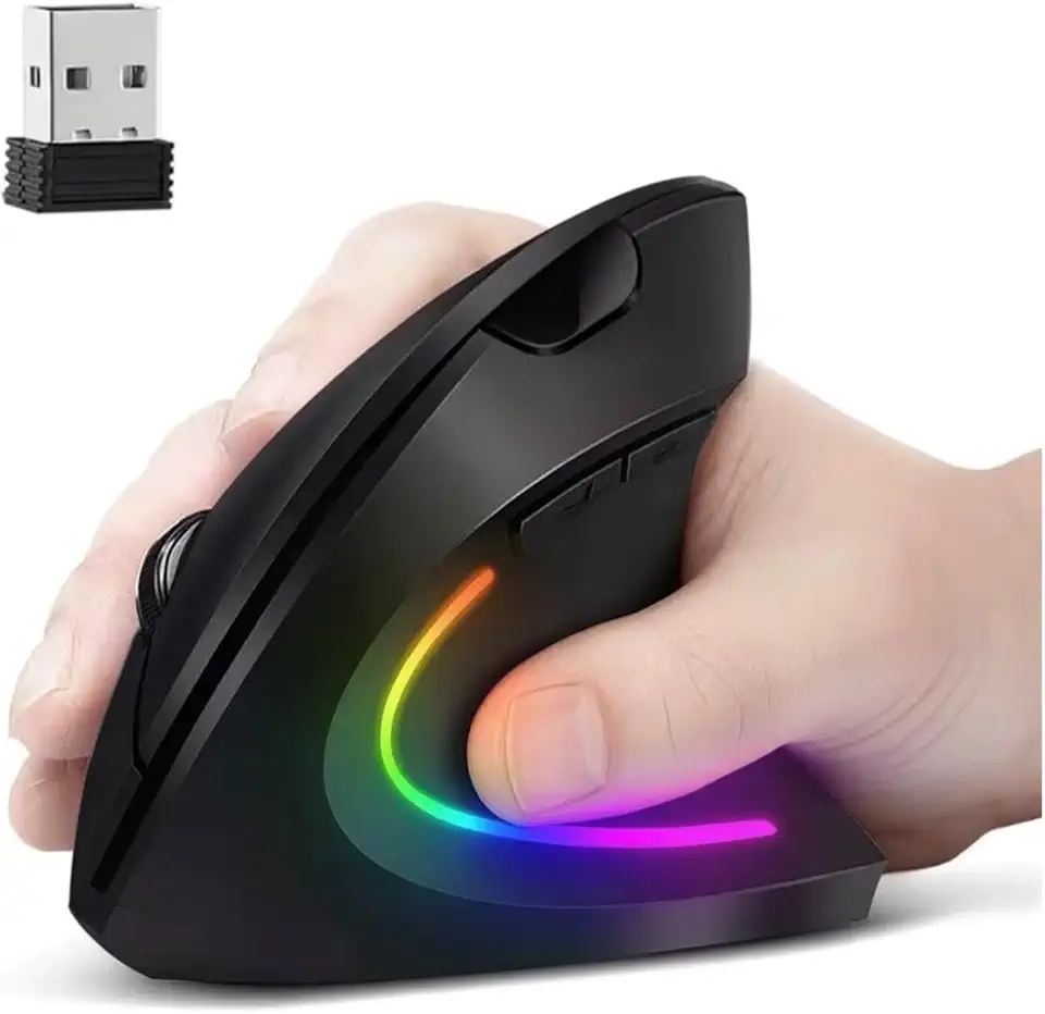 Mouse Vertical Ergonômico Sem Fio Recarregável – Bluetooth e USB 2.4G, Silencioso, RGB, Compatível com PC e Notebook