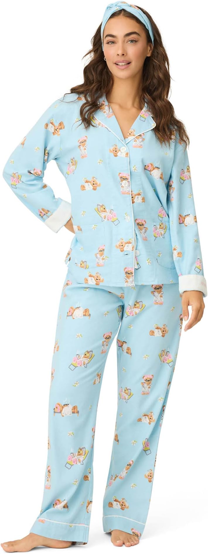 Women's Cotton Flannel Long-sleeve Top, Pant and Headband 3-piece Pajama Set
