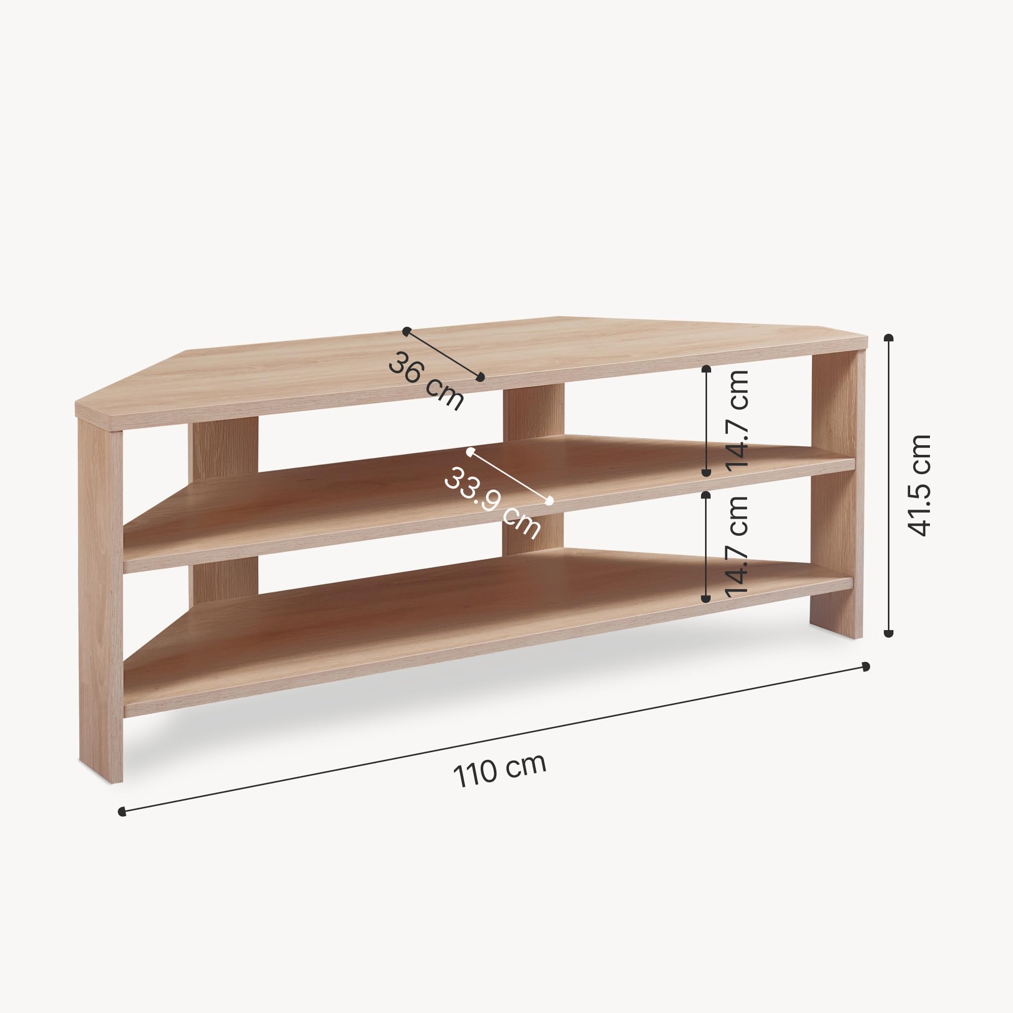 [en.casa] Mobile Porta TV con 2 Ripiani Tavolo Basso Aperto Espositore Angolare Stand Multimediale per Soggiorno Studio 110 x 36 x 42 cm - Effetto Rovere