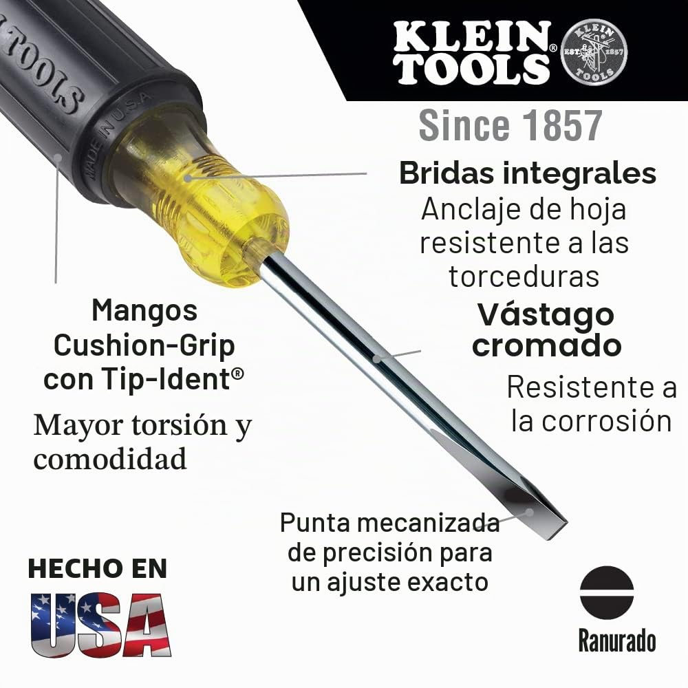 Klein Tool s 85074 - Juego de destornilladores de 6 piezas, fabricado en Estados Unidos, incluye 3 cabezales planos multiusos, 3 Phillips, comodidad de agarre acolchado, destornilladores mecanizados