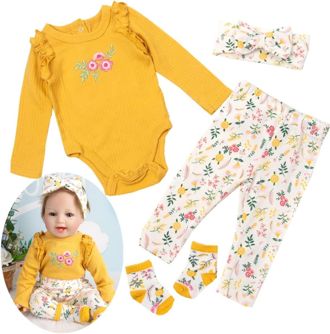 Reborn Baby Girl Dolls Clothes 24 Inches Outfits Accessories 4pcs for 22"- 24" Reborn Dolls Baby Clothes Newborn