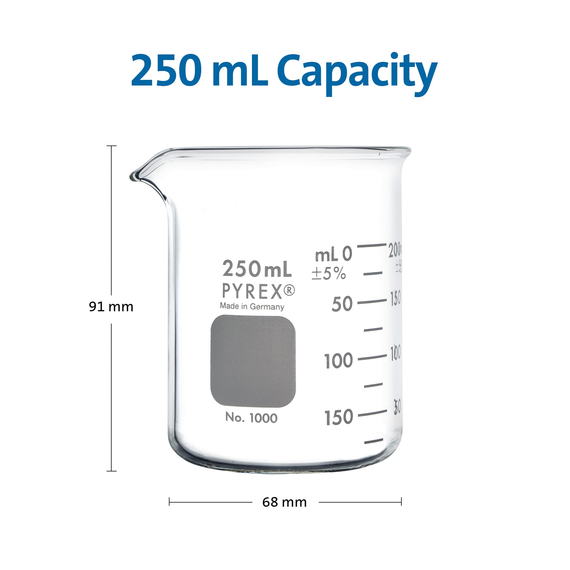 PYREX Griffin Borosilicate Glass Beaker- Low Form Graduated Measuring Beaker with Spout– Premium Scientific Glassware for Laboratories, Classrooms or Home Use - PYREX Chemistry Glassware, 250mL, 12/Pk