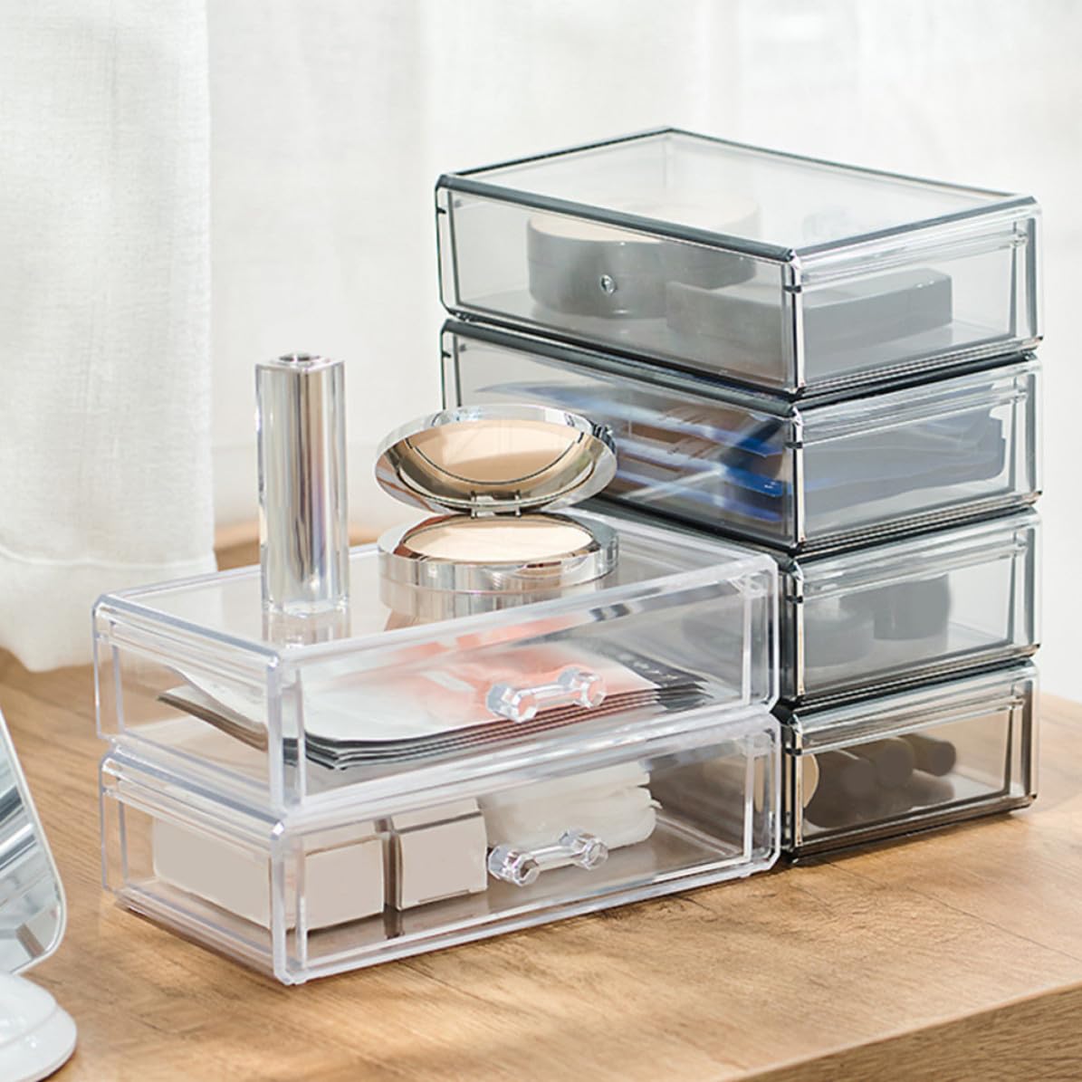 Caja de Almacenamiento de Maquillaje Transparente Organizador de Escritorio de Acrílico para Cosméticos Joyas y Accesorios de Belleza Diseño Apilable para Tocador Moderno