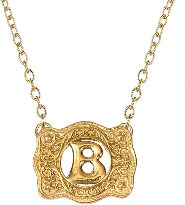 14K Gold Belt Buckle Necklace Western Style Initial Letter Pendant Necklace, Decorative Belt Buckle Frame Design