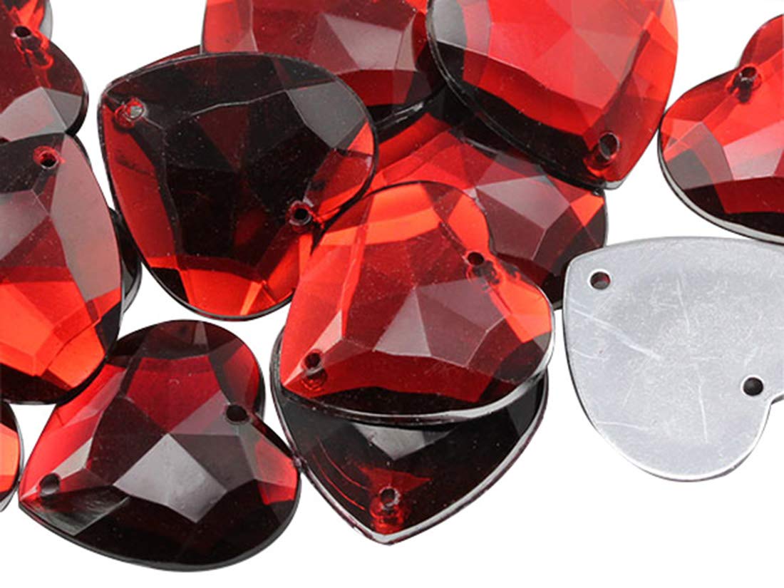 Allstarco 20mm Red Ruby CH17 Flat Back Sew On Heart Rhinestones Beads for Crafts Plastic Acrylic Gems with Holes for Sewing Clothing Embelishments