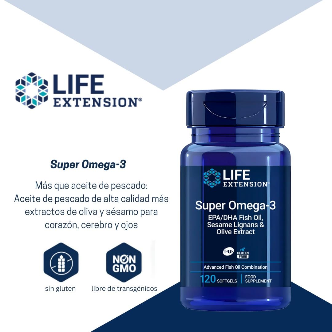 Life Extension - Super Omega-3 EPA/DHA 120 Cápsulas - Lignanos de Sésamo, Extracto de Oliva - Omega-3 de Alta Potencia para la Salud del Corazón y el Cerebro