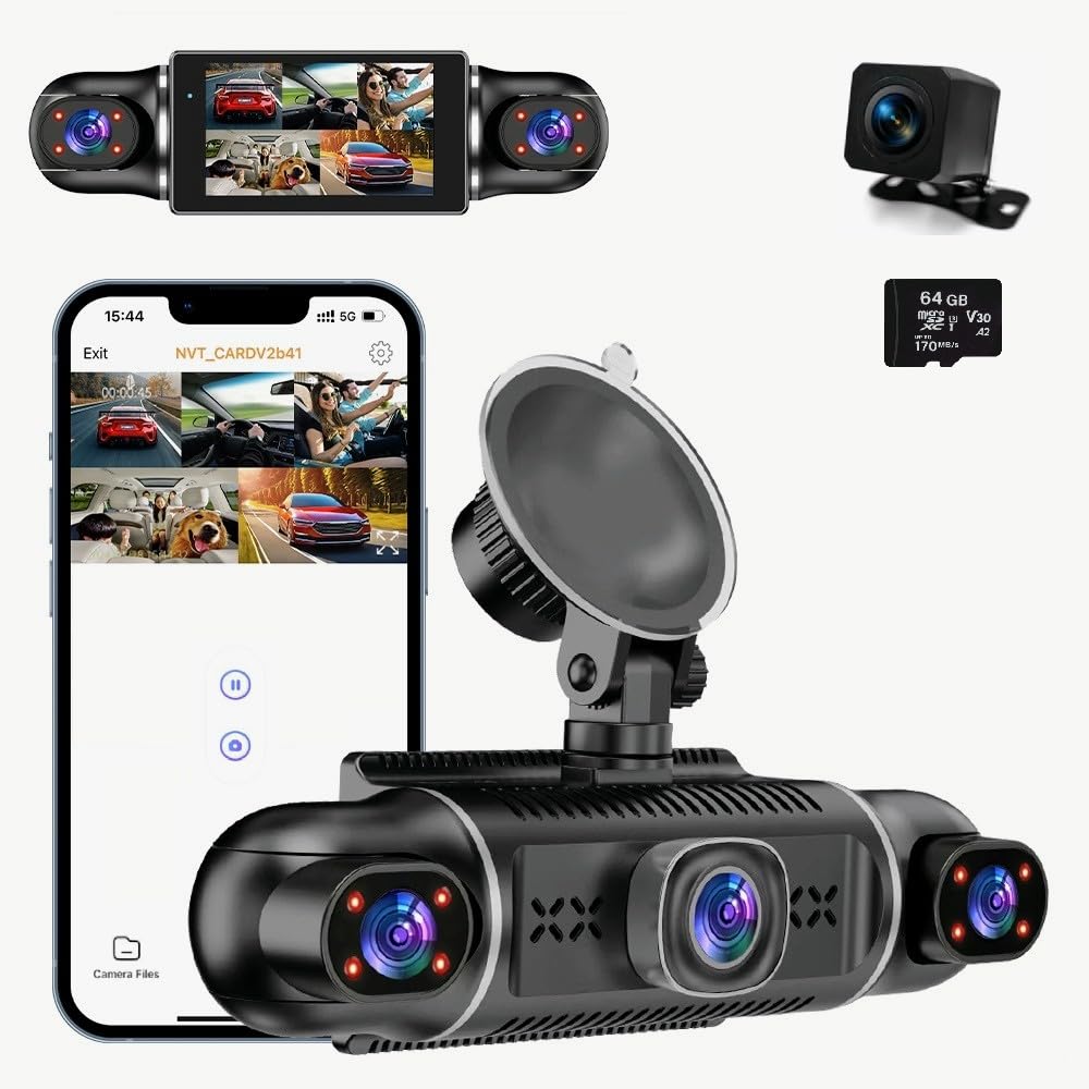 Dashcam Coche 360 Grados 4 Cámaras 1080P Full HD 64GB Grabación en bucle Disparador Accidente 24h Monitoreo de Aparcamiento WiFi Visión Nocturna G-Sensor Detector de Movimiento Pantalla IPS 3