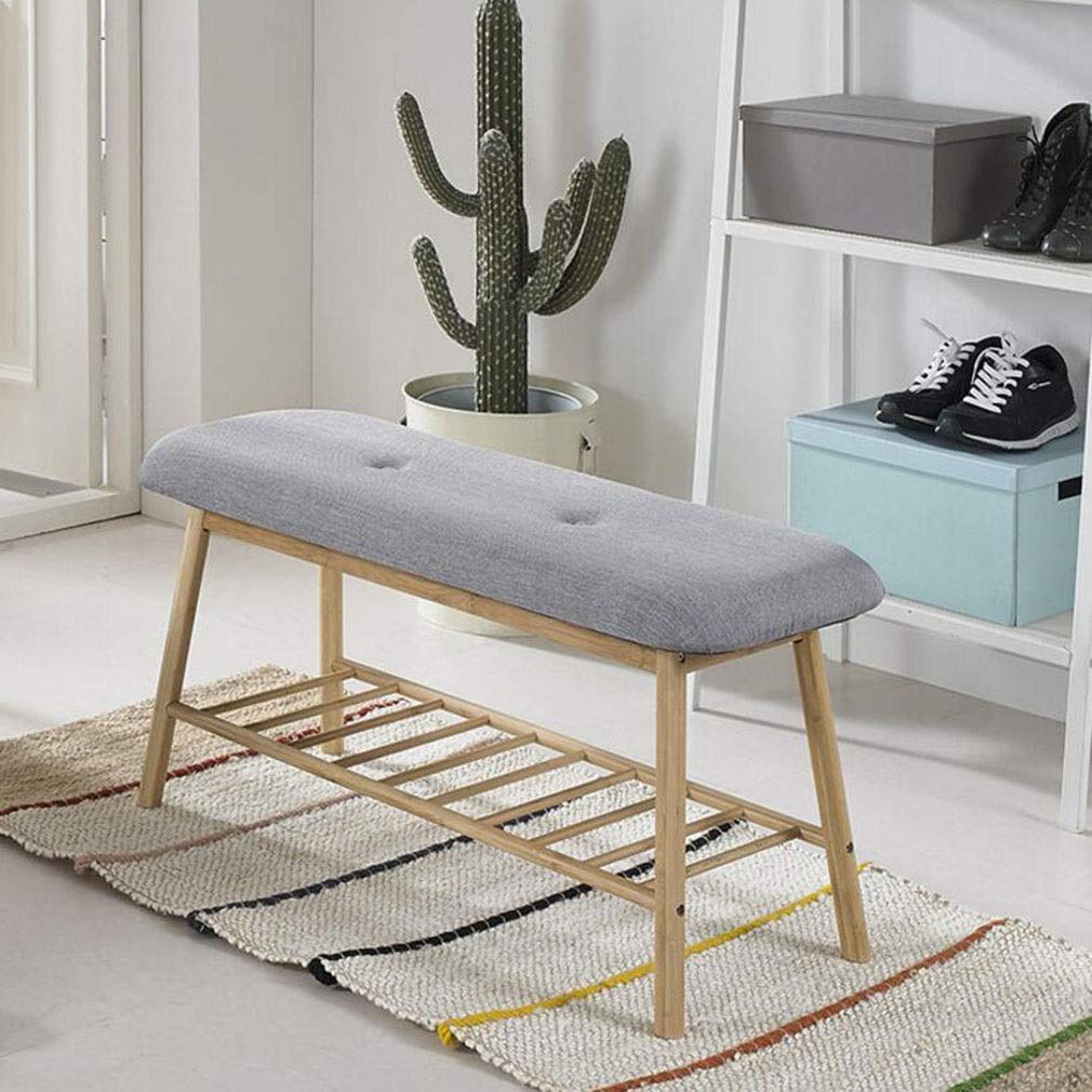 Banc de rangement nordique en bambou de haute qualité avec assise rembourrée grise de 90 cm