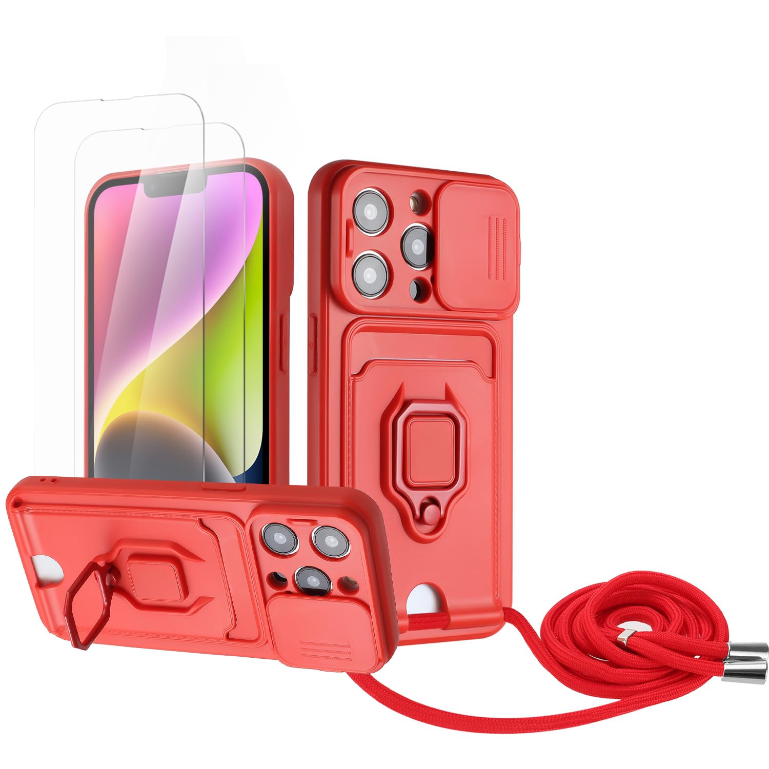 Zallagre Funda con Cuerda Compatible con Redmi Note 13 Pro 5G,[2 Packs Cristal Templado],Ranura para Tarjetas,Cubierta de Cámara Deslizante Proteger,360 Anillo Soporte-Morado — view 88