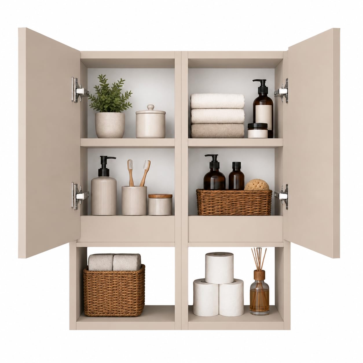 Hängeschrank Badezimmer, 75x56x25 cm, Kaschmirfarbe Matt, 6 Regale, Soft-Close-Türen, Anti-Fingerprint, Wandmontage