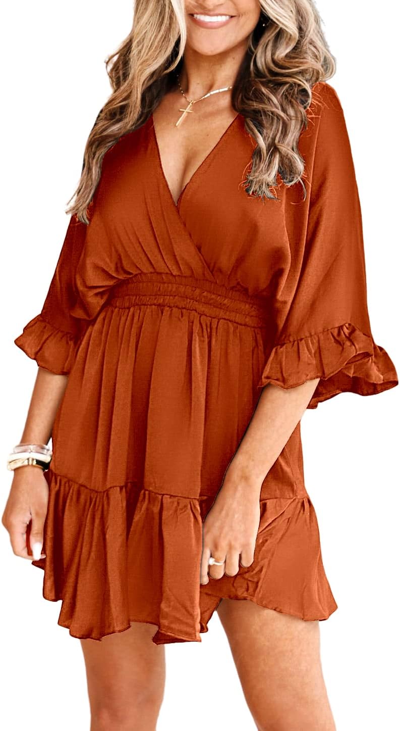 Aoysky Womens V Neck Casual Dresses Summer Loose High Waist Ruffle Pleated Cute Mini Short Dress - Image 2