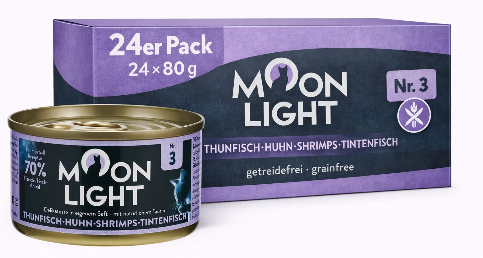 Moonlight Nourriture humide pour chat n°3 - Boîte de 24 x 80 g - Sans céréales avec thon, poulet, crevettes et calamar - Nourriture fine en filet dans son propre jus - Nourriture pour chat de qualité