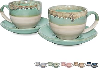 Bosmarlin Ceramic Cappuccino Cup and Saucer Set of 2, 10 Oz, Coffee Cups for Latte, Espresso, Tea, Dishwasher and Microwave Safe, Reavtive Glaze (Green)