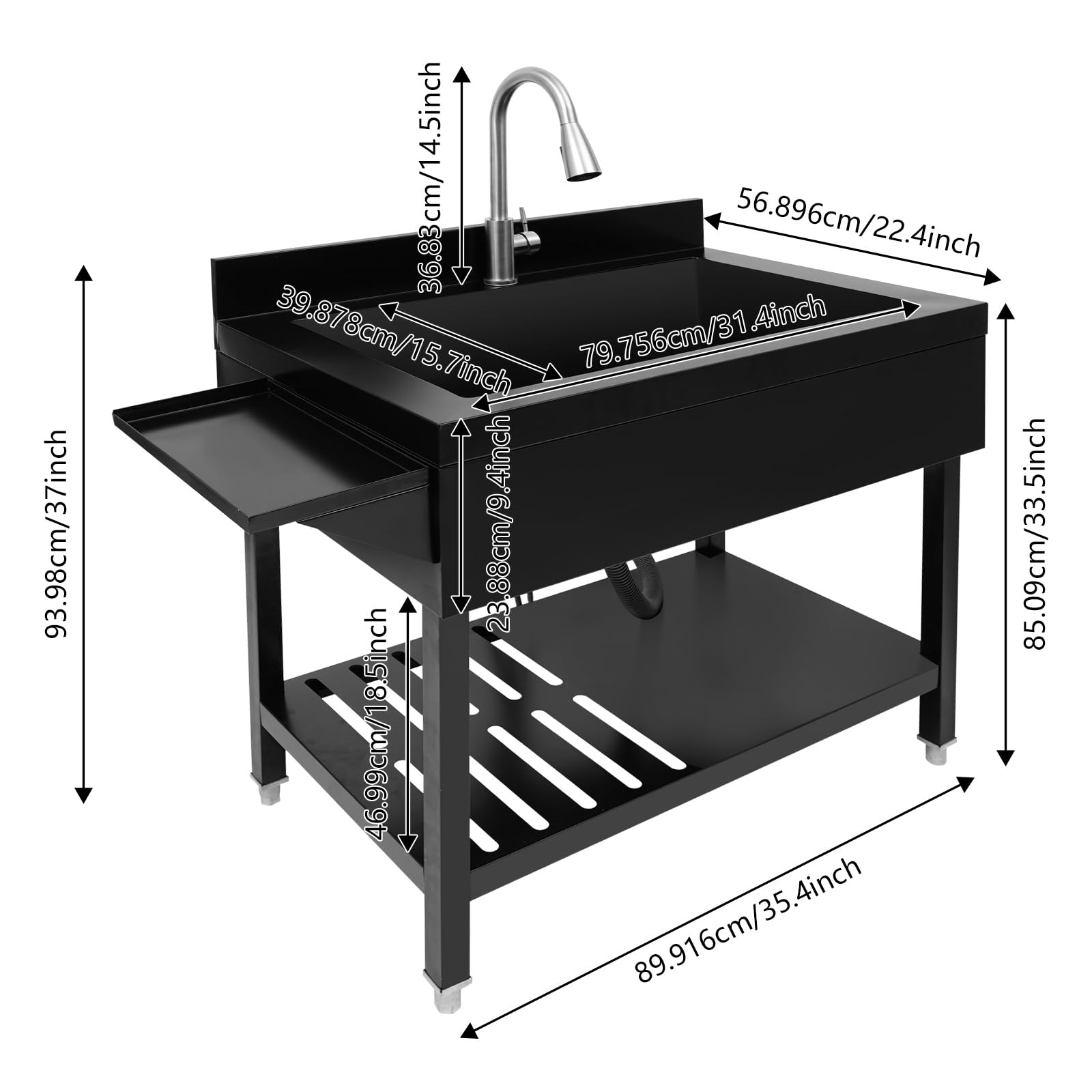 Freistehende Edelstahl Spültisch, Großer Gewerbliche Spülbecken | Küchenspüle mit Wasserhahn & Ablassvorrichtung, bis Tragfähigkeit 150kg, 90 x 57 x 94 cm (Schwarz)