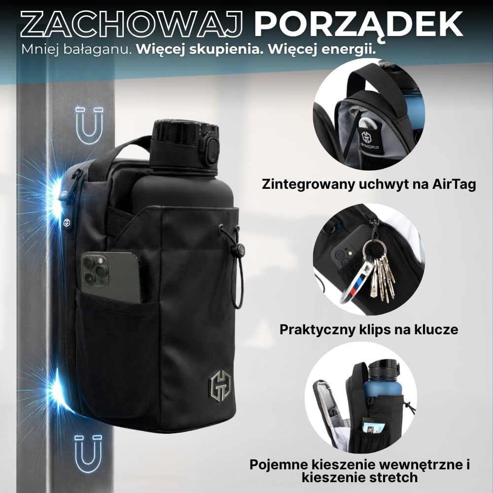 Magnetyczna torba sportowa z uchwytem na butelkę o pojemności 1,5 l, kompaktowa torba do treningu, sportu i codziennego użytku