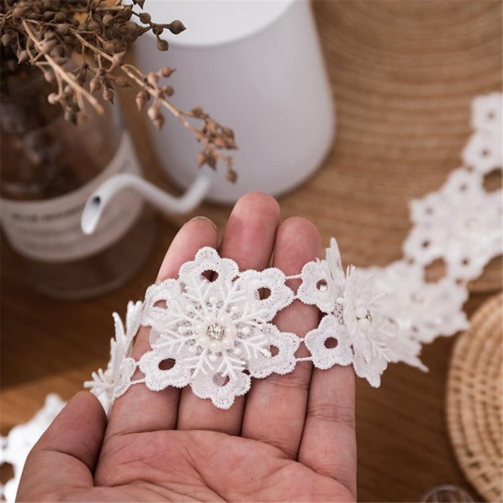 9 Yards 5 cm Weiße Perlen Stickerei Spitzenborte, Spitzenband Spitzenstoff Zierband StoffbordüRe Spitze Meterware Saumspitze Spitzenlitze Lace Trim GipüRe Borte HäKelband Borten Und BäNder Zum NäHen