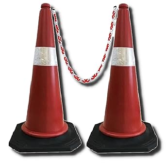 SAFETYZONE Road Traffic Cones For Road Safety 2 PVC Safety Cones with 2 Meters Plastic Safety Chain and 2 Rubber Hooks Multipurpose PVC Safety Cones With Reflective Tape With Black Rubber Base