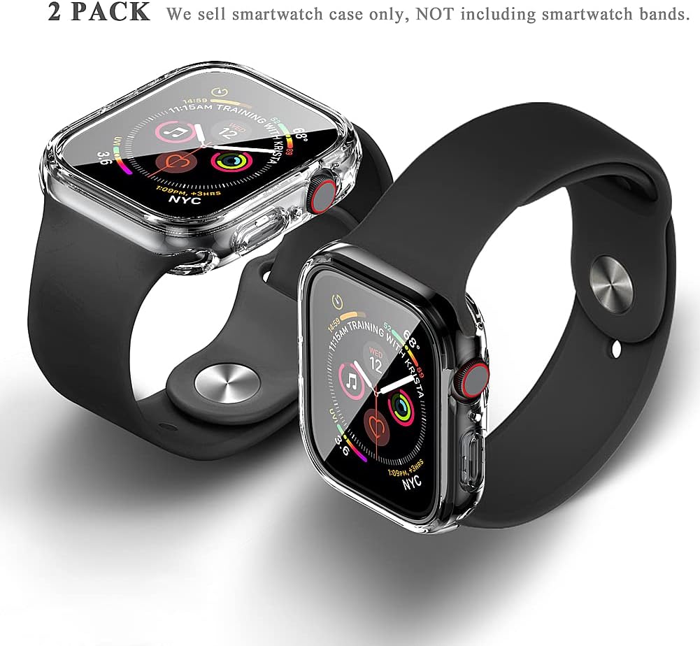 COOLQO 2 Pack 2in1 Soft TPU+Hard PC Case with Tempered Glass Screen Protector Compatible for Apple Watch Series 8/SE2/7/SE/6/5/4 44/45mm 360 Full Body Shockproof Protective Cover Clear + Black