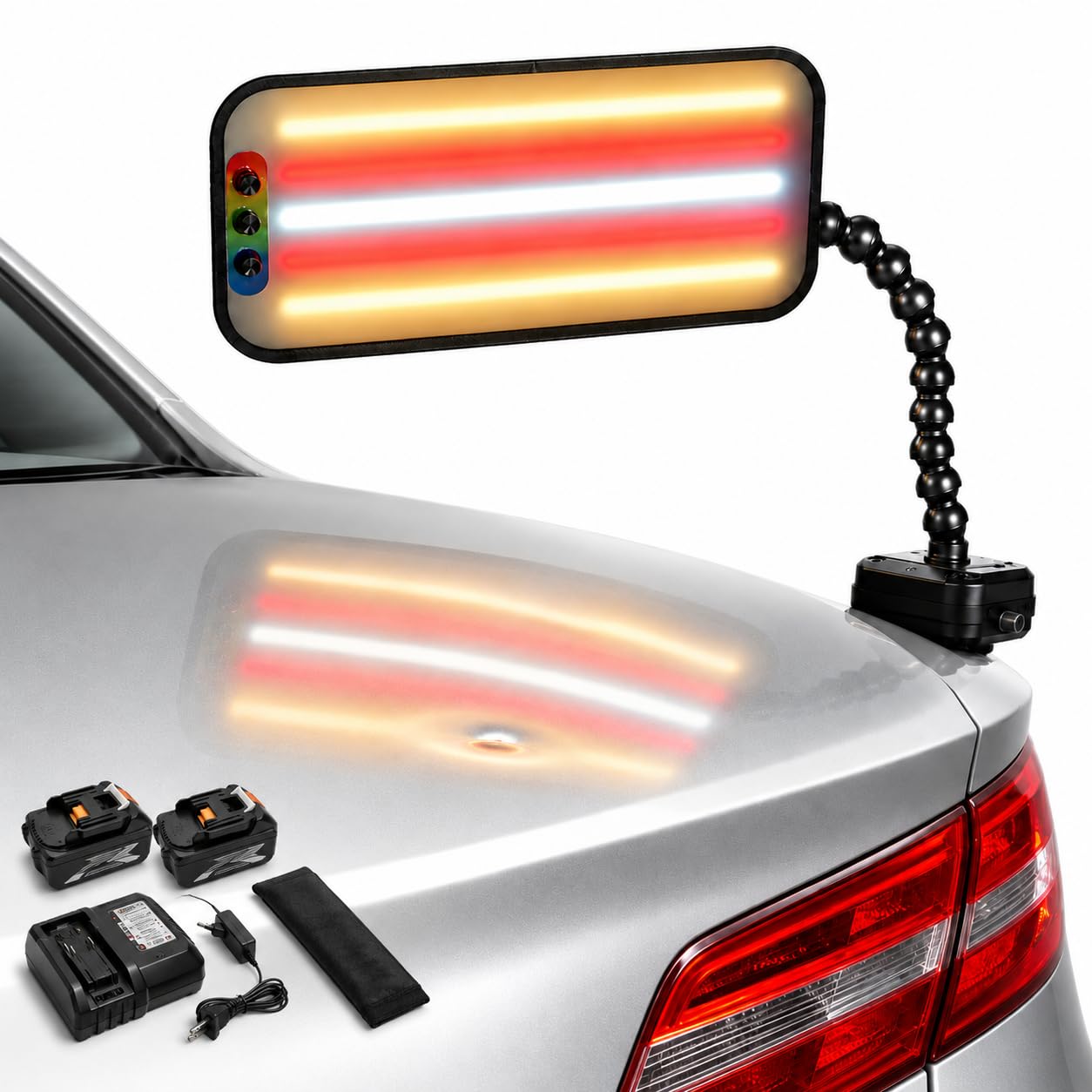 Portable PDR Light 5 Bands RGB LED, Paintless Dent Removal Kit with Wide 46×22cm Panel, Cordless Work, 2×5.0Ah Battery Packs,Adjustable Colors,Flexible Gooseneck,Car Dent Detection Tool for Auto Body