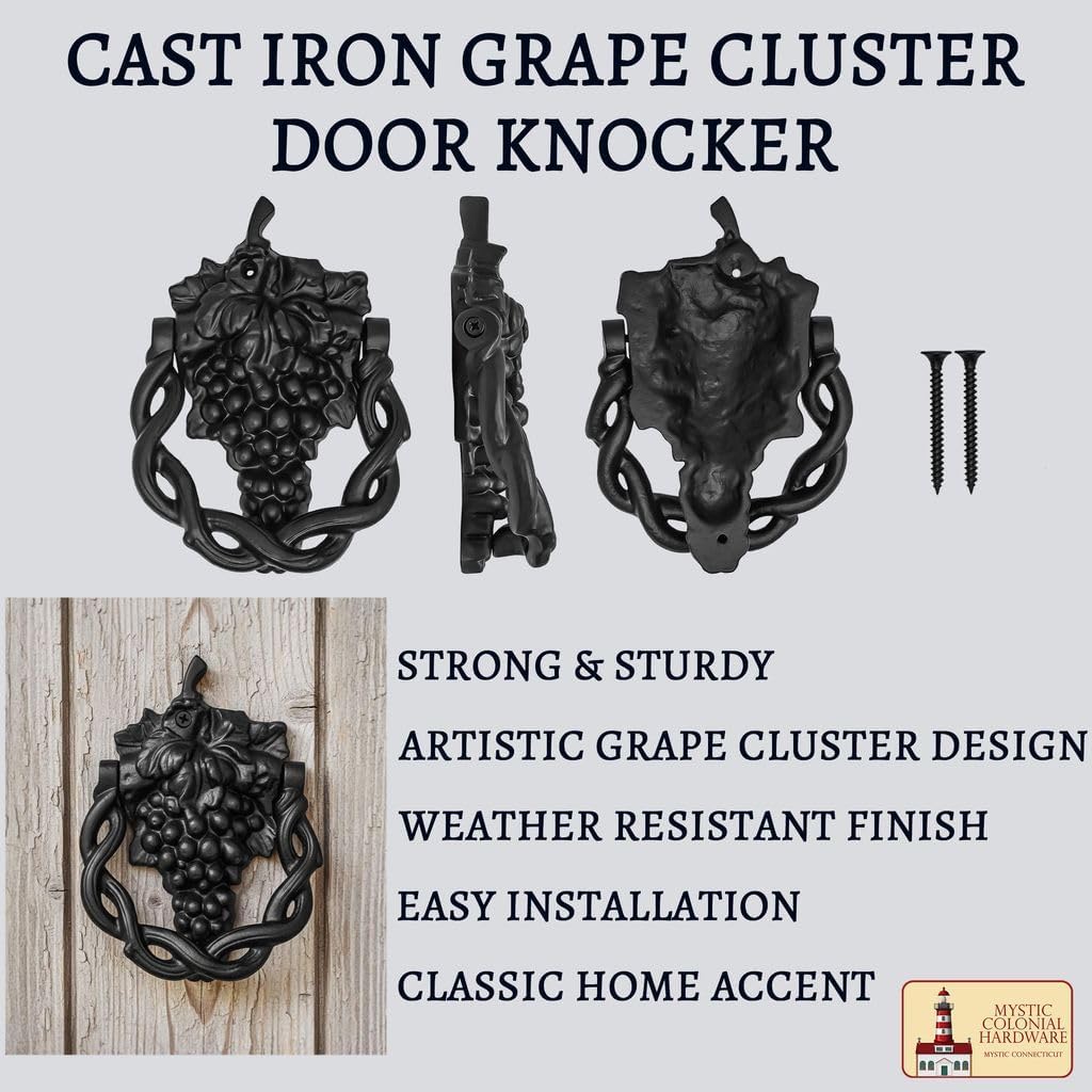 Mystic Colonial Cast Iron Front Door Knocker, Grape Vine Style Door Knocker with Mounting Screws, Heavy Duty Exterior and Interior Decorative Antique Door Knocker, Vintage Home Decor Accessory