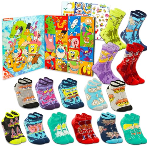 Nickelodeon 15 Days of Socks Set - Bundle of 90's Nicktoon TV Show Socks (Men's Size 6-12) & Stickers | Rugrats, Spongebob, Ren & Stimpy Novelty Pack