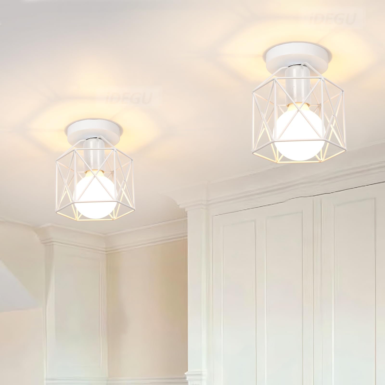 Idegu # 2 Pcs 15Cm Hexagon, White Set Of 2 Industrial Ceiling Light, Metal Hexagon Cage Design Lamp Shade E27 Ceiling Light Fixture For Living Room, Bedroom, Bar - White