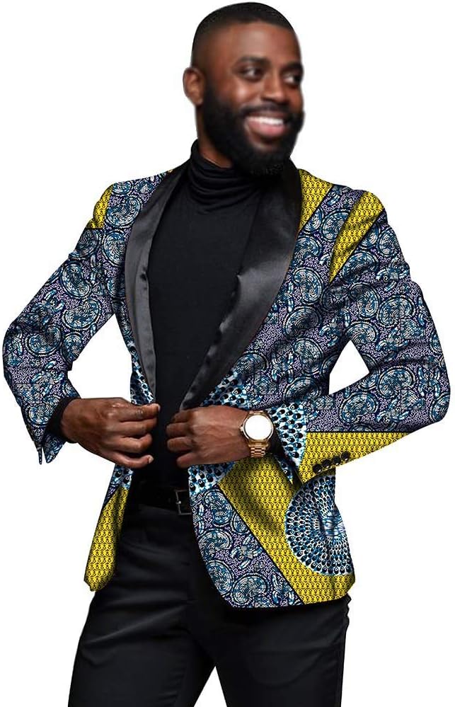 Men`s Blazer African Print Jacket Coats One Button Slim Fit Floral Formal Outwear Ankara Dress Suit