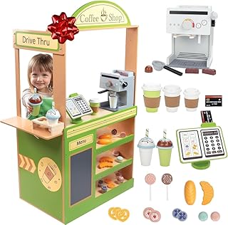 Pretend Coffee Shop Wooden Playset - Drive Thru Window Fun - Includes Frappuccino w Straws, Espresso Maker, Bread, Pastries, Rotating Cash Register, Coffee Cups, Apron- Over 25 Super Cute Play Pieces!