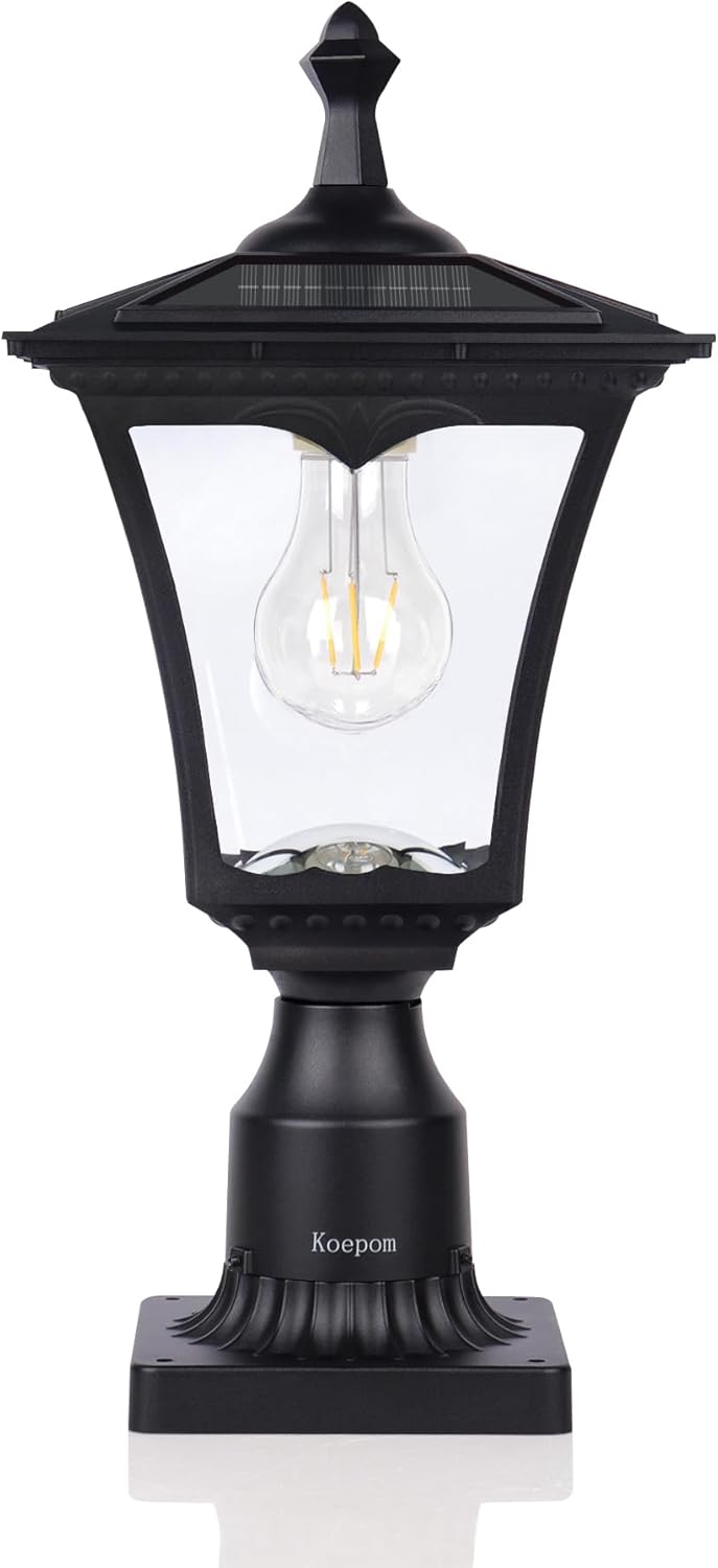 KP4301Q Outdoor Solar Post Lights with Glass lampshade, Heavy Duty Die-Casting Aluminum LED Solar Pillar Light for Gate Column, Driveway, Pathway,Garden, Patio, Matte Black