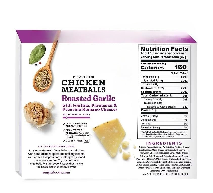 Roasted Garlic with Fontina, Parmesan & Pecorino Romano Cheese Chicken Meatballs , These meatballs are the perfect complement to your dinner menu. These meatballs always include all the right ingredients and are only made with real food that are always all natural, antibiotic and gluten free. They are pre-cooked, and offer a quick and convenient protein source the whole family will love. [ 32 oz , 2 lb ]