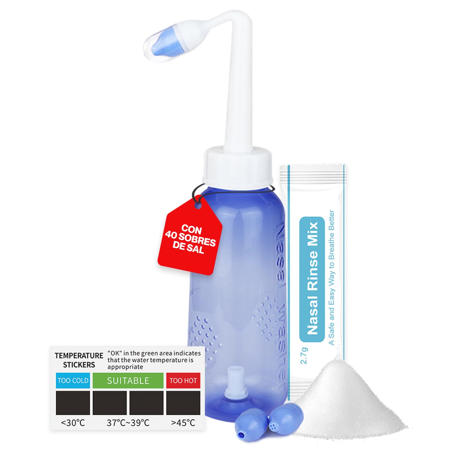Kit De Lavado Nasal Con Olla Neti 300 Ml + 40 Sobres De Sal - Incluye Spray Hidratante Y Bolsa De Viaje, Para Limpieza Diaria