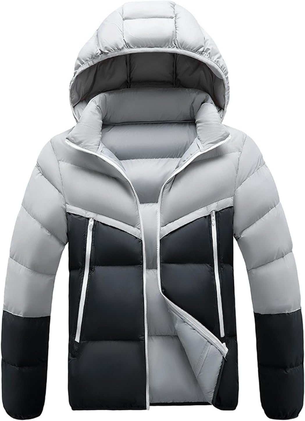 Dademeo Men's Slim Fit Hooded Puffer Jacket with Full-Zip Pockets Colorblock Quilted Design, Casual Winter Warm Coat