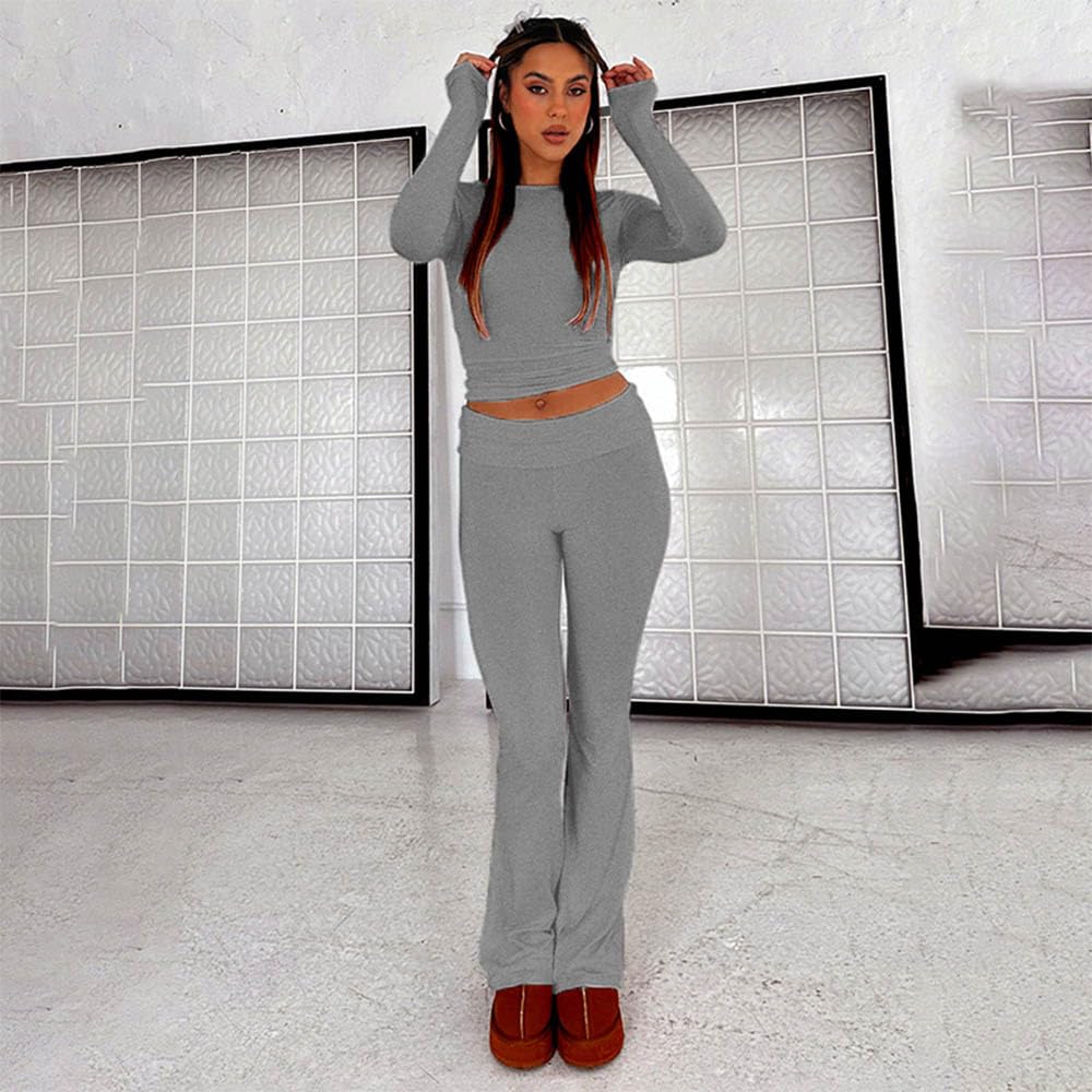 ABINGOO Femme Ensemble de 2 pièces s Crop Top et Taille Basse Pantalon Évasé Stretch Ensemble Yoga Femme Tenue de Sport Fitness